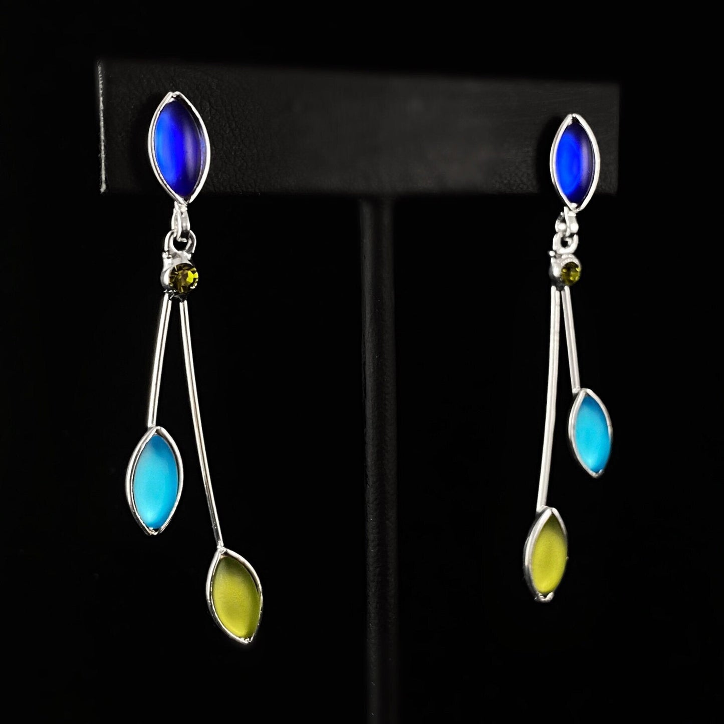 Floral Style Earrings with Silver Wire and Handmade Glass Beads, Hypoallergenic, Aqua/Sapphire/Olive Green - Kristina