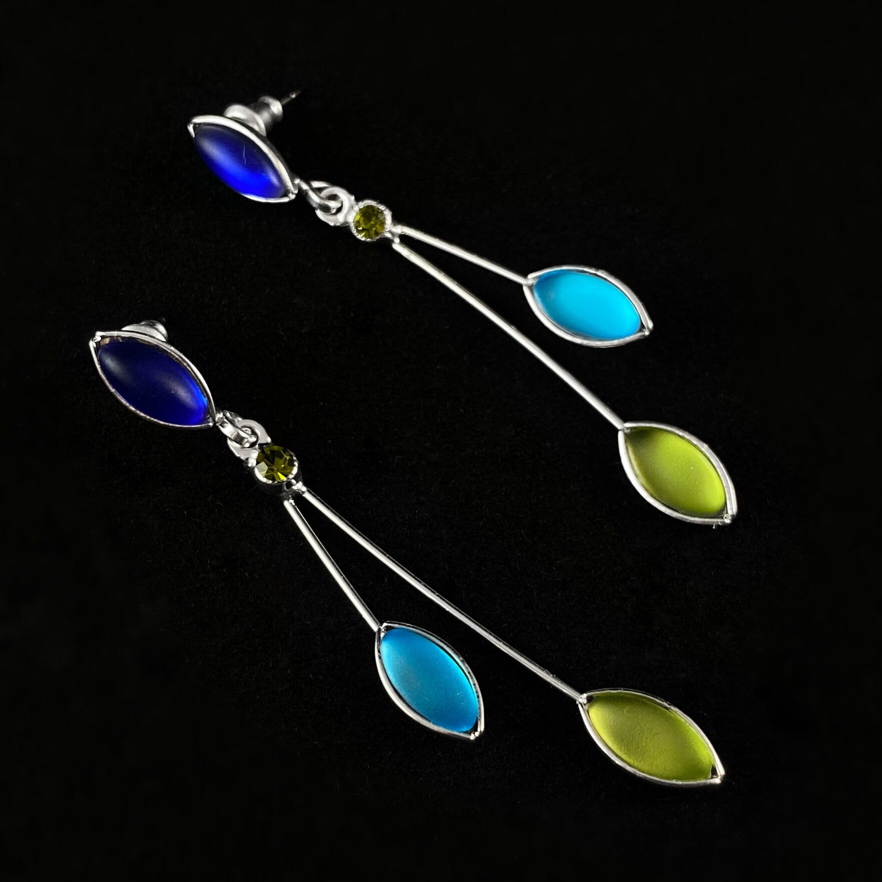 Floral Style Earrings with Silver Wire and Handmade Glass Beads, Hypoallergenic, Aqua/Sapphire/Olive Green - Kristina
