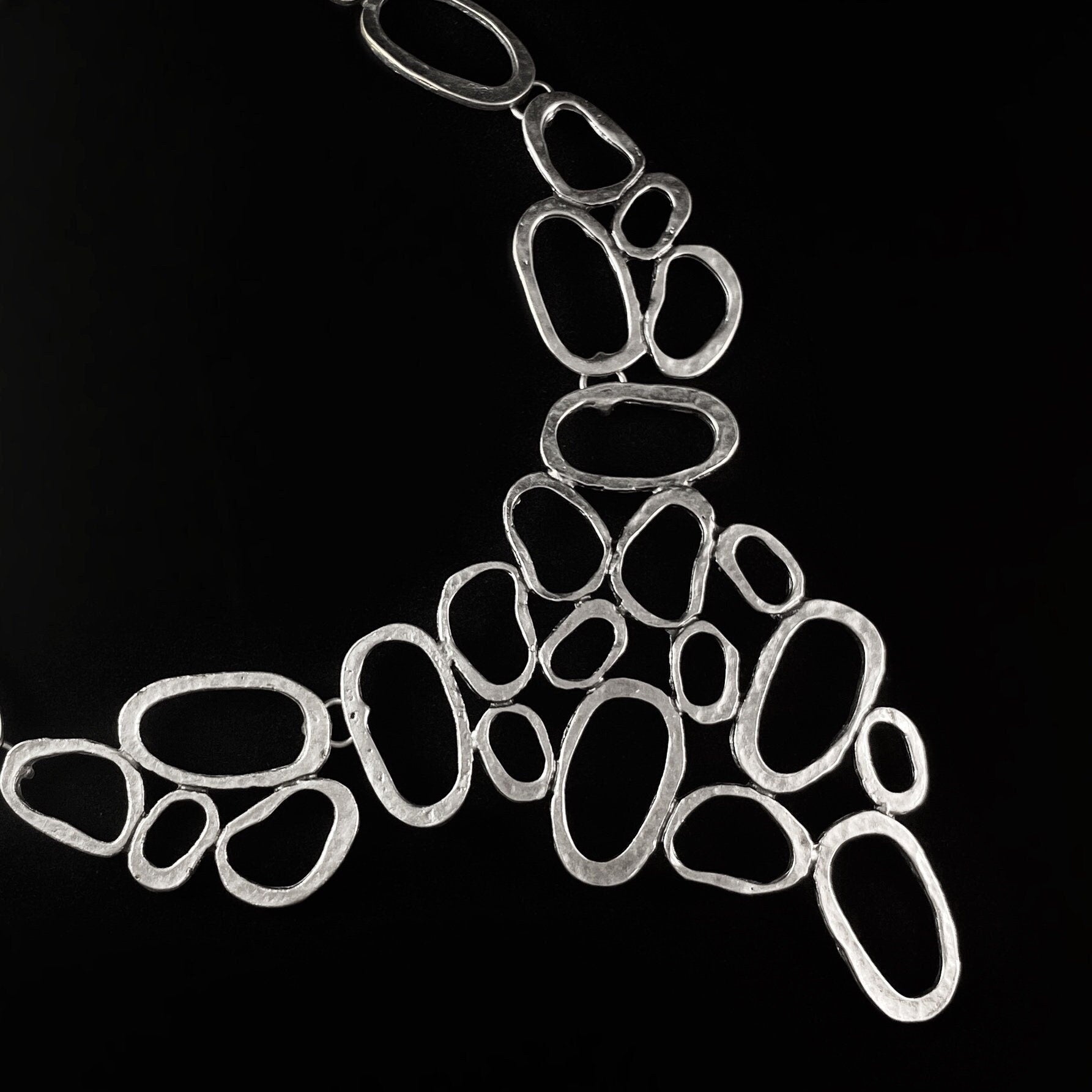Flowing Silver Oval Statement Necklace, Handmade, Nickel Free-Noir