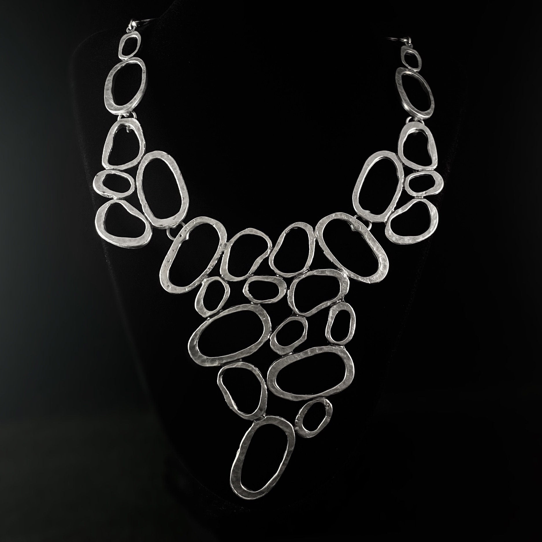 Flowing Silver Oval Statement Necklace, Handmade, Nickel Free-Noir