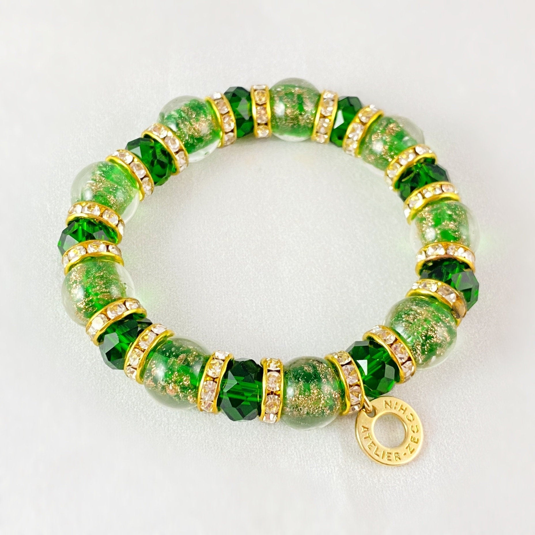 Forest Green Beaded Venetian Glass Bracelet - Handmade in Italy, Colorful Murano Glass