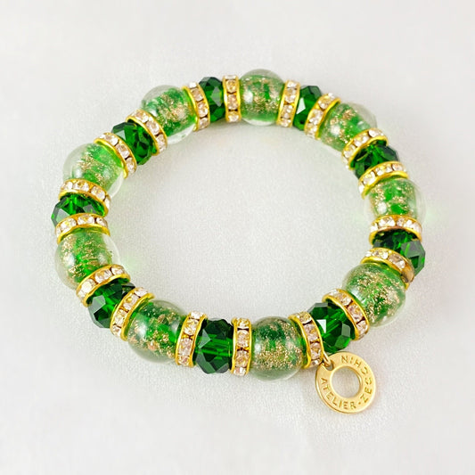 Forest Green Beaded Venetian Glass Bracelet - Handmade in Italy, Colorful Murano Glass