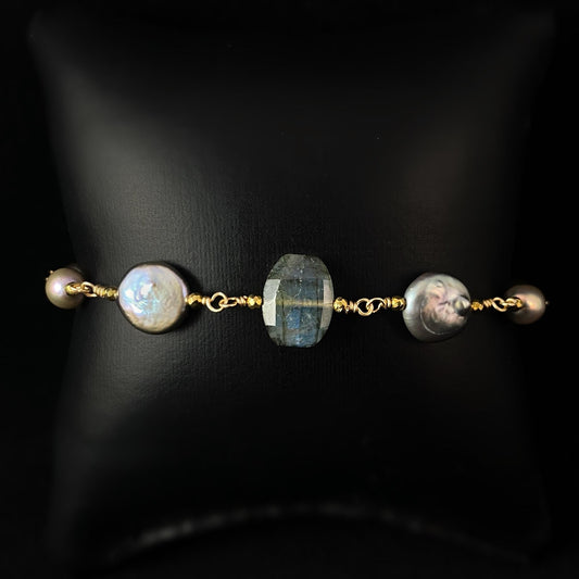Freshwater Pearl and Labradorite Bracelet, Handmade in USA - Avaasi