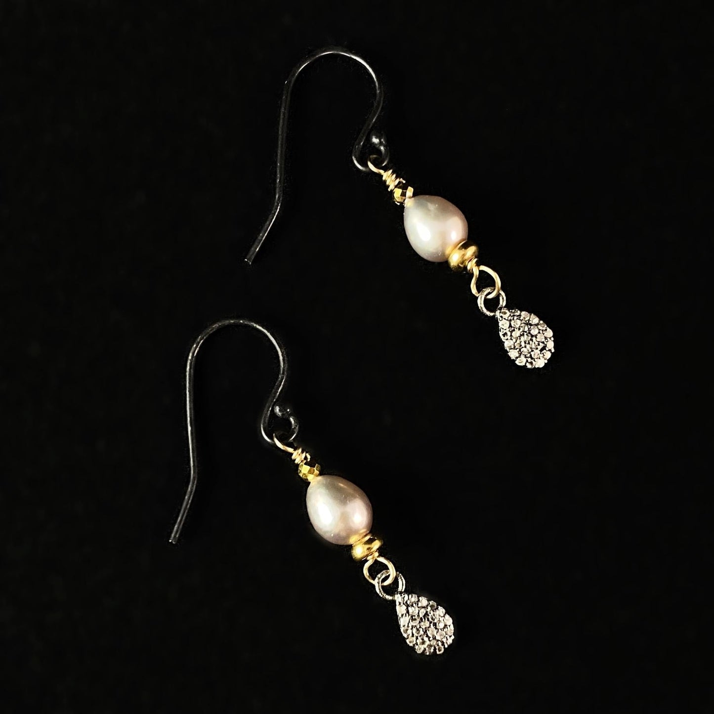 Freshwater Pearl, Diamond, and Oxidized Sterling Silver Drop Earrings, Handmade in USA - Avaasi