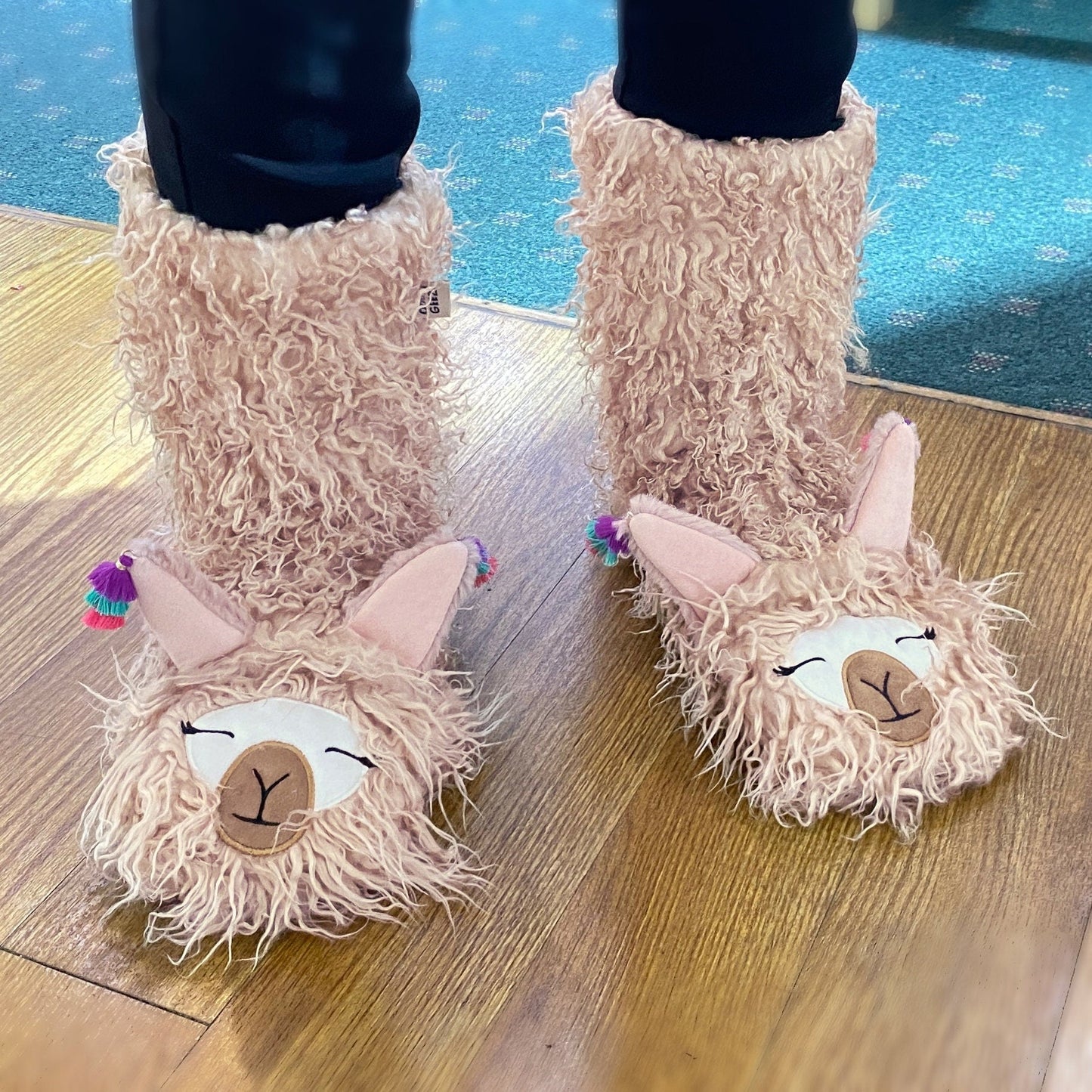 Fuzzy, Cozy, Warm Llama Slippers - Blush Pink Plush Sherpa Slipper Socks (Adult)