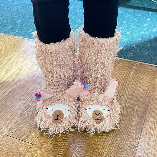 Fuzzy, Cozy, Warm Llama Slippers - Blush Pink Plush Sherpa Slipper Socks (Adult)