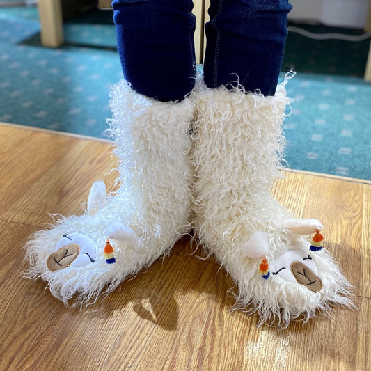Fuzzy, Cozy, Warm Llama Slippers - White Plush Sherpa Slipper Socks (Adult)