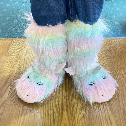 Fuzzy Cozy Warm Rainbow Unicorn Slippers - Plush Slipper