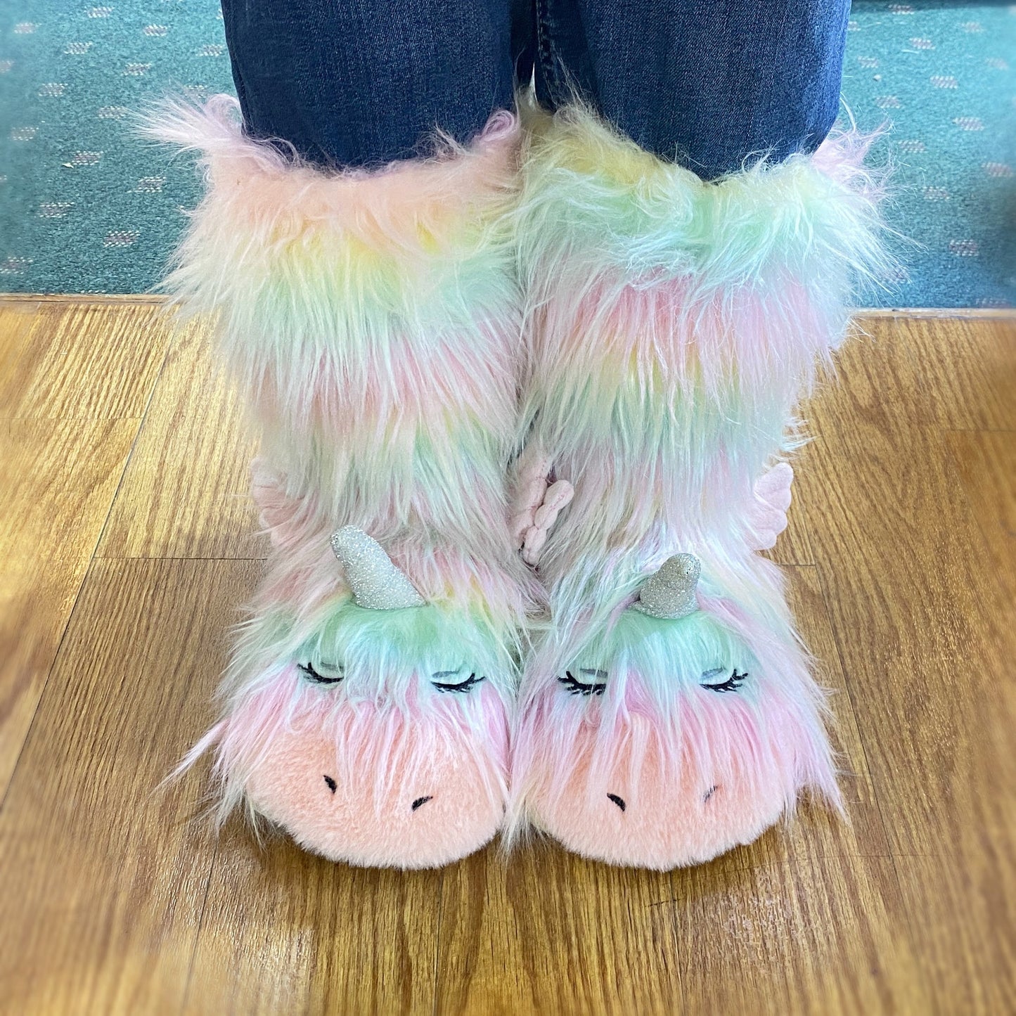 Fuzzy Cozy Warm Rainbow Unicorn Slippers - Plush Slipper