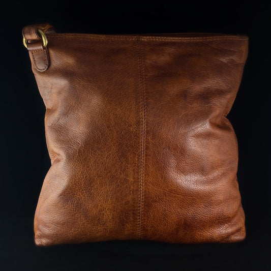Genuine Italian Leather Handbag - Cognac Brown, Curve Pocket
