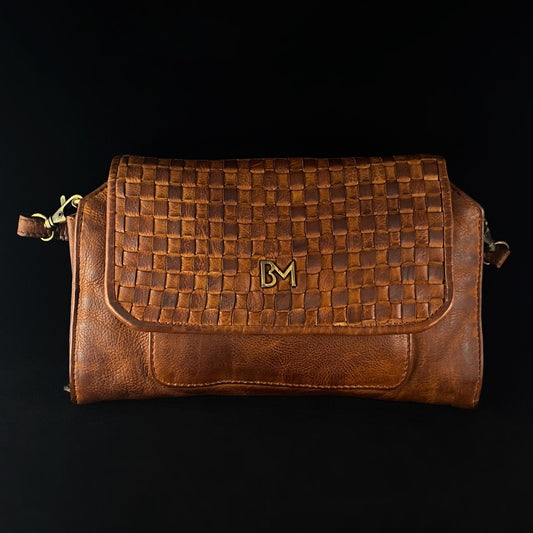 Genuine Leather Handbag - Cognac Brown, Woven Detail