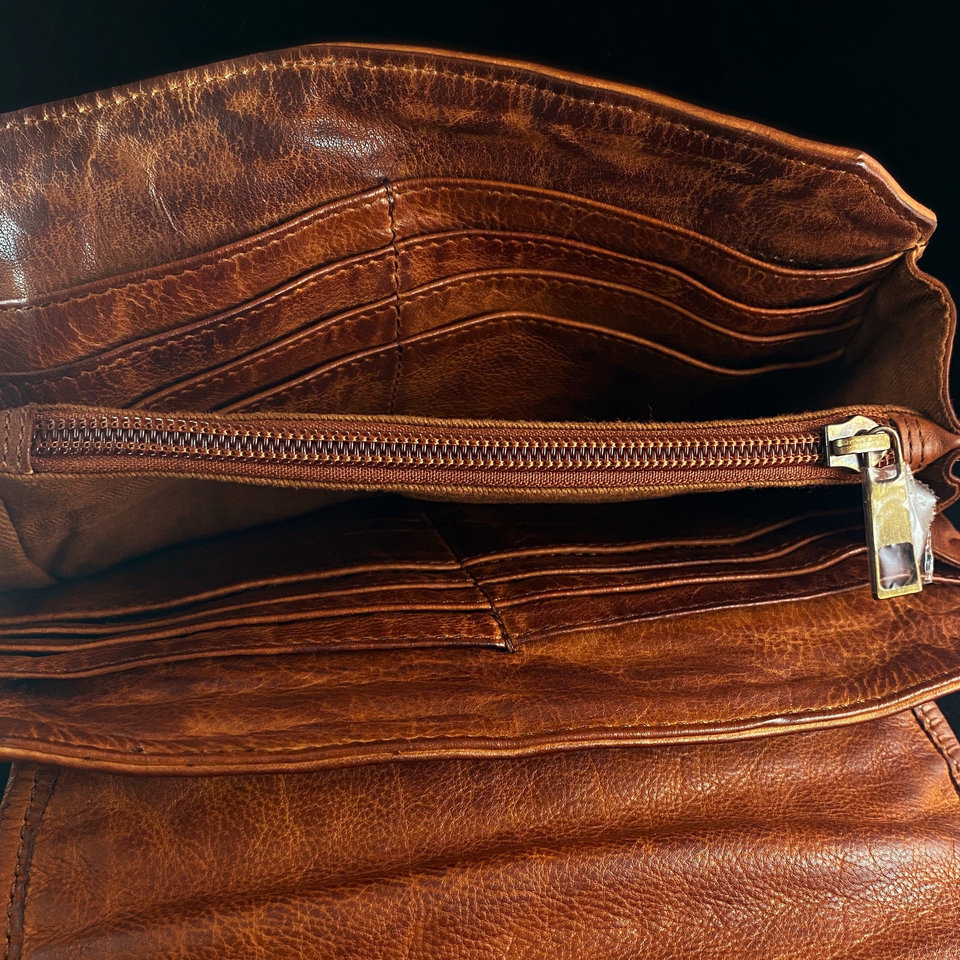 Genuine Leather Handbag - Cognac Brown, Woven Detail