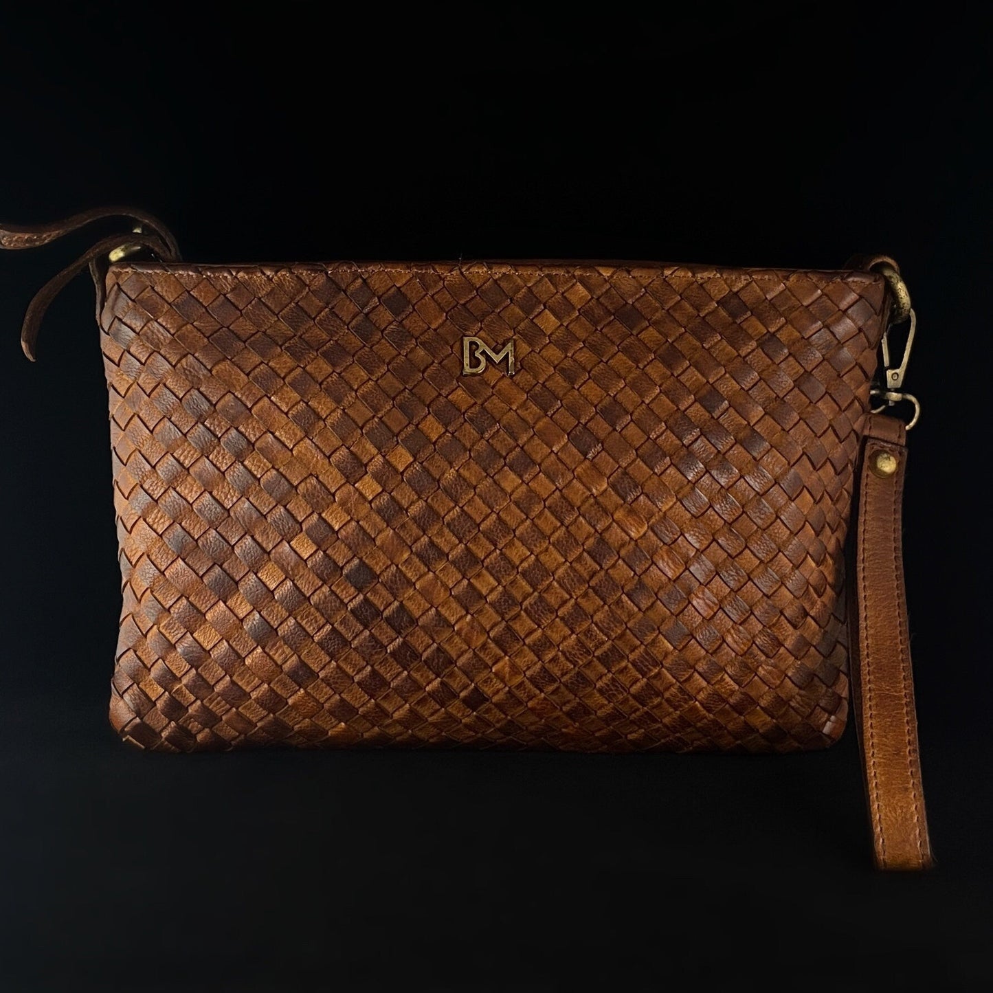 Genuine Leather Handbag - Cognac Brown, Woven Front