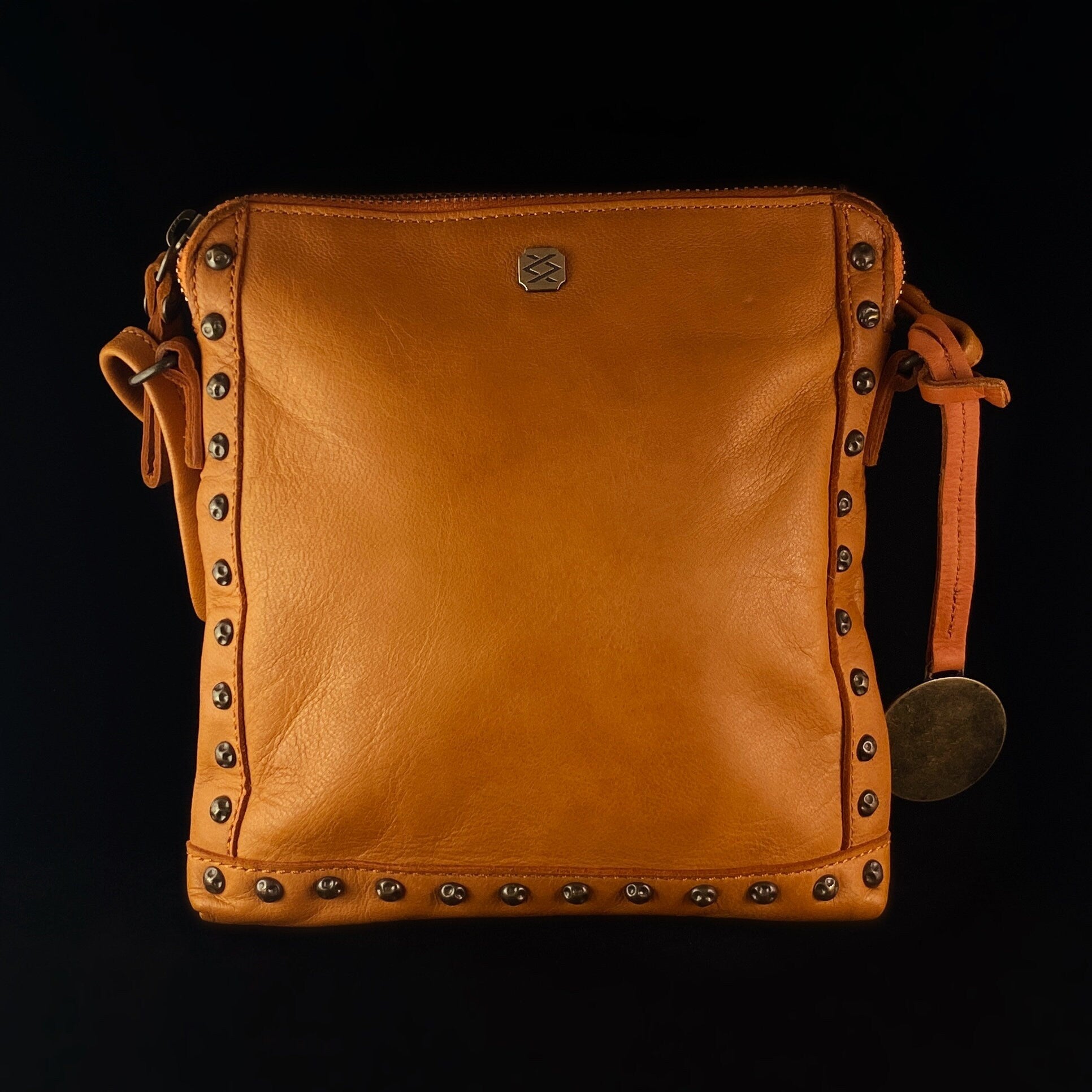 Genuine Italian Leather Handbag - Orange, Stud Detail