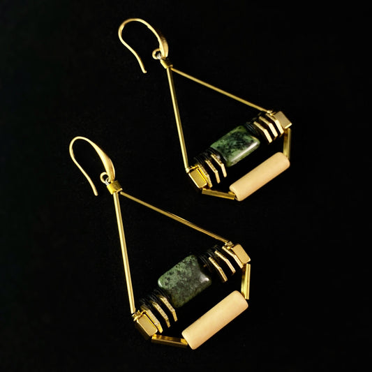 Geometric Statement Earrings - 18kt Gold Over Brass with Green Jasper and Bamboo Glass, David Aubrey Jewelry