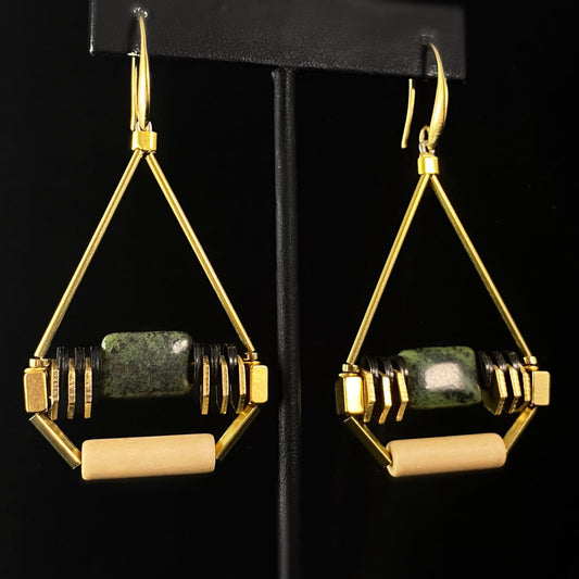 Geometric Statement Earrings - 18kt Gold Over Brass with Green Jasper and Bamboo Glass, David Aubrey Jewelry