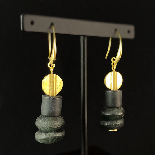 Gold and Black Drop Earrings - 18kt Gold Over Brass with Black Agate, David Aubrey Jewelry