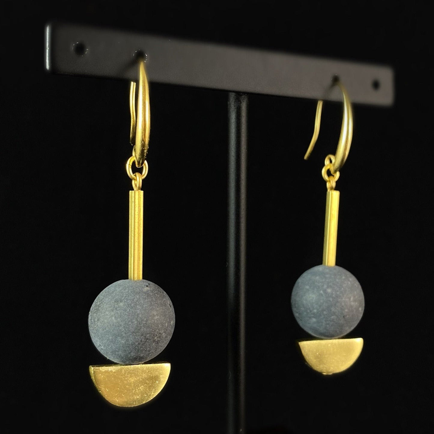 Gold and Black Drop Earrings - 18kt Gold Over Brass with Black Agate, David Aubrey Jewelry
