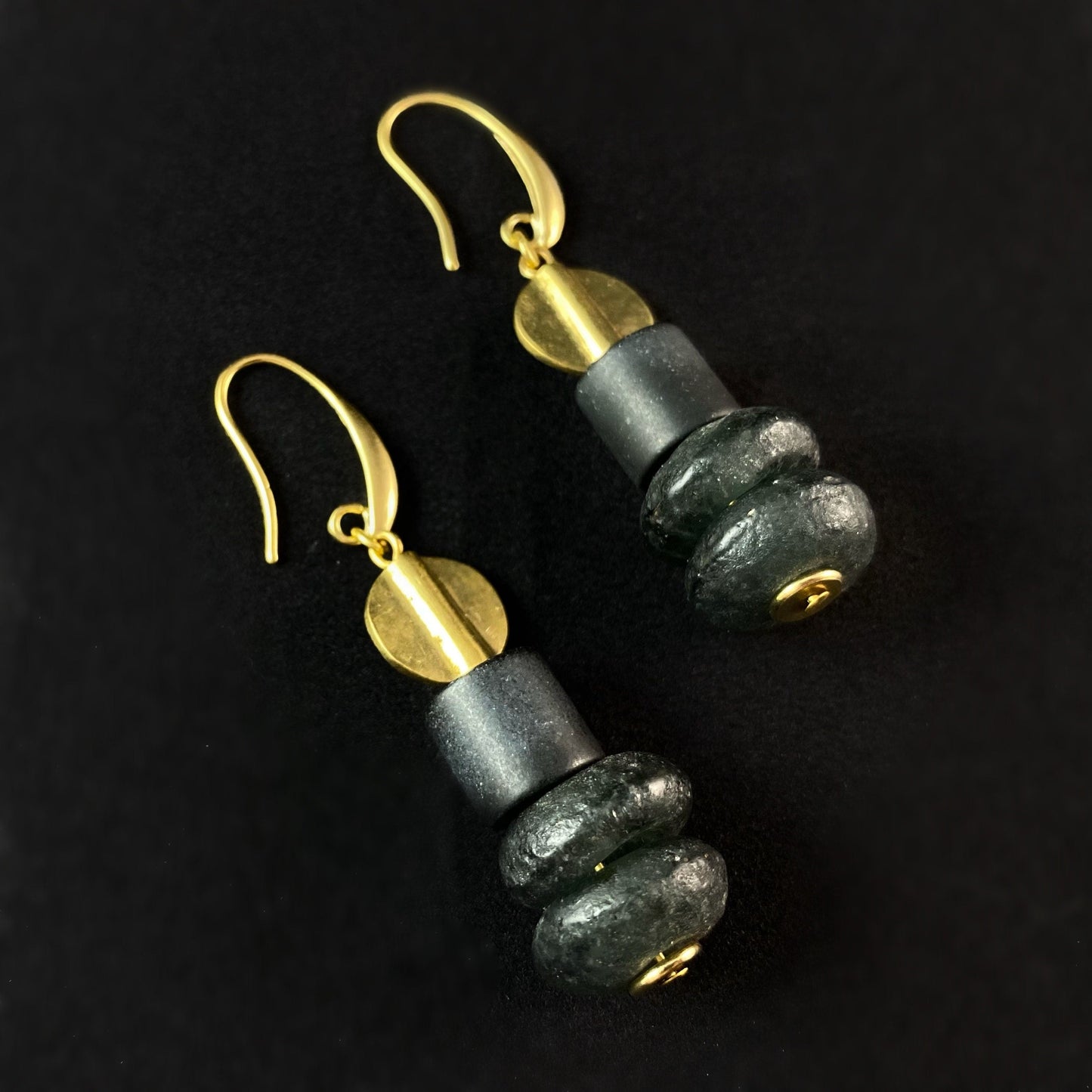 Gold and Black Drop Earrings - 18kt Gold Over Brass with Black Agate, David Aubrey Jewelry