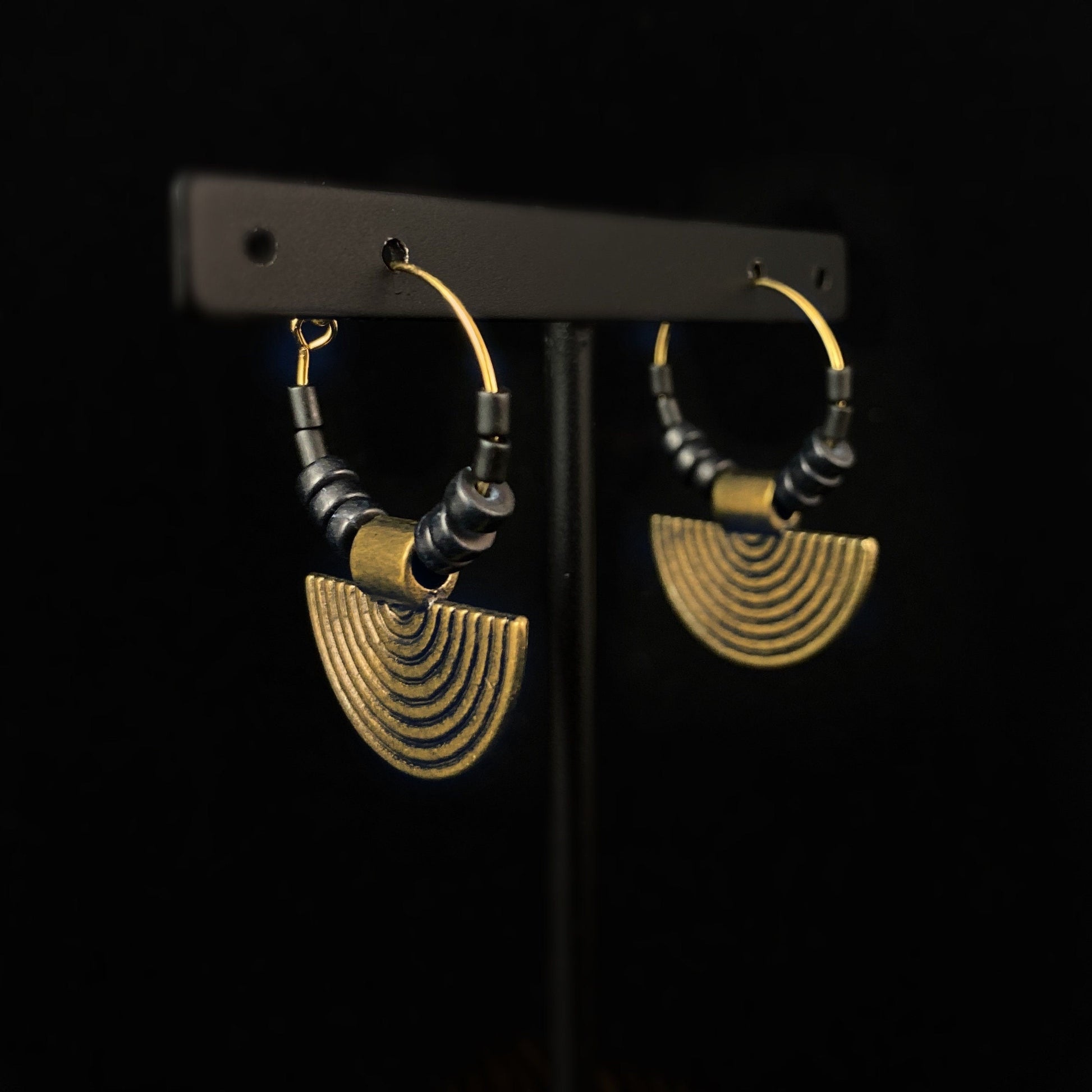 Gold and Black Statement Hoop Earrings - 18kt Gold Over Brass with Magnesite Beads, David Aubrey Jewelry