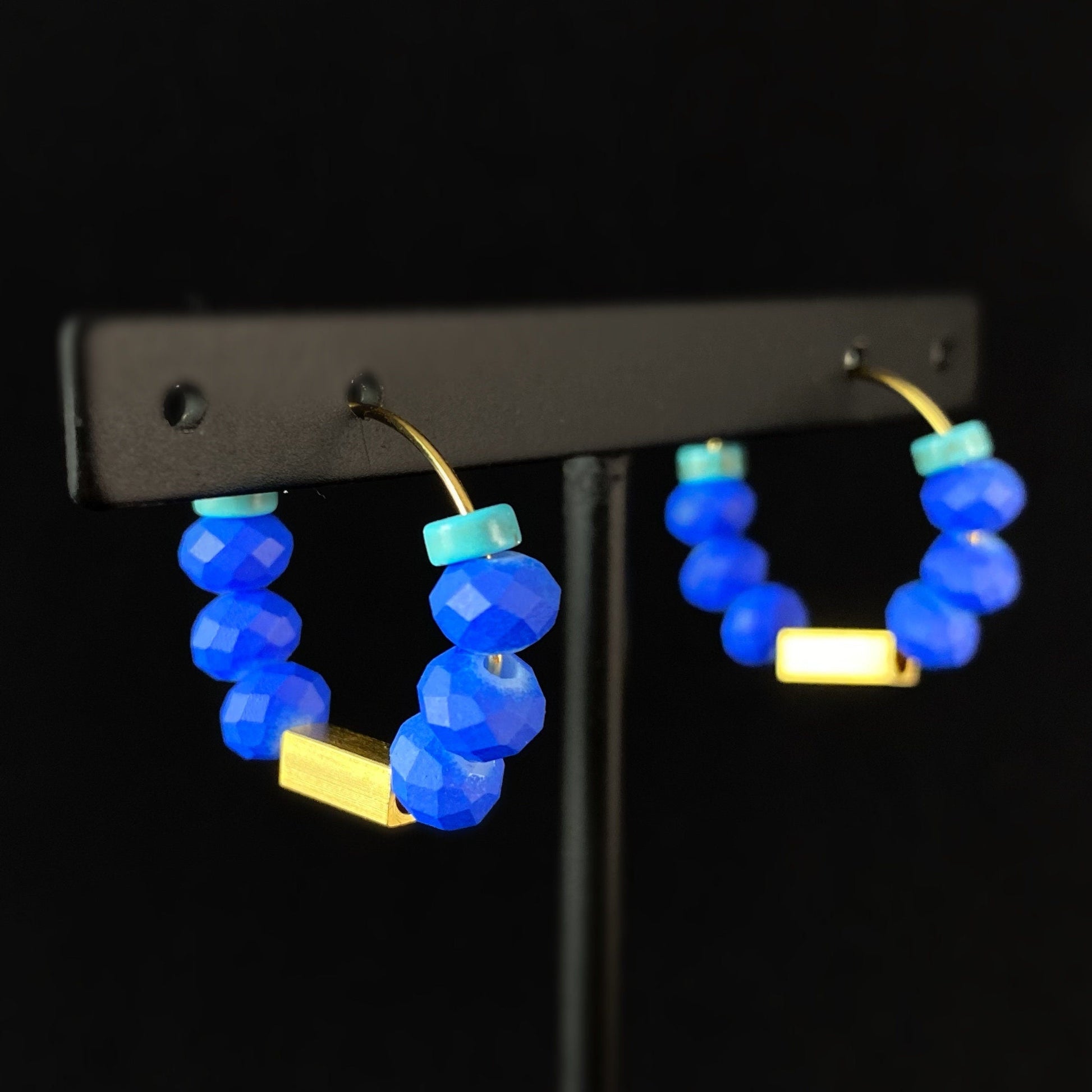 Gold and Blue Beaded Hoop Earrings - 18kt Gold over Brass with Magnesite, David Aubrey Jewelry