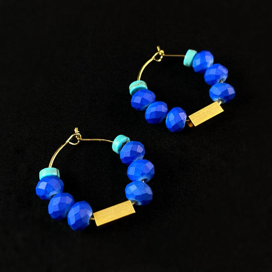 Gold and Blue Beaded Hoop Earrings - 18kt Gold over Brass with Magnesite, David Aubrey Jewelry