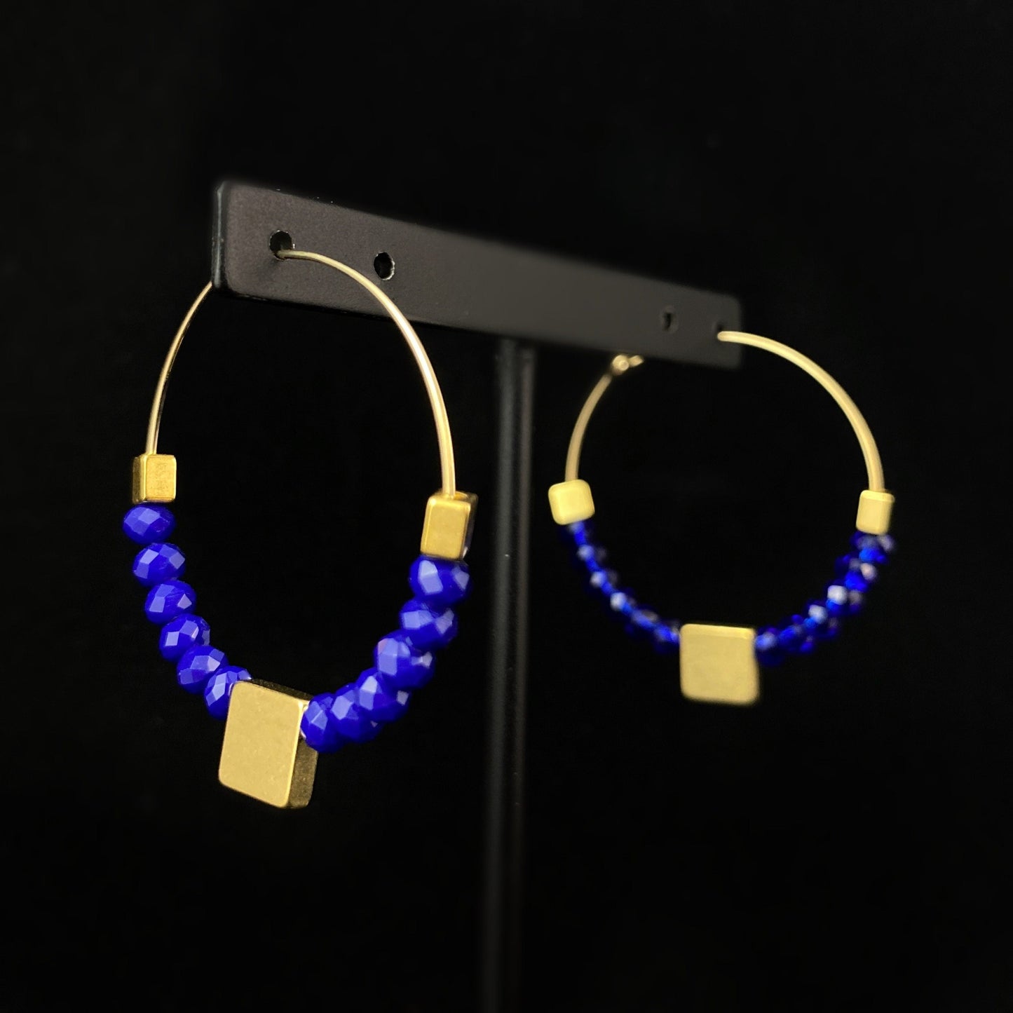 Gold and Blue Statement Hoop Earrings - 18kt Gold Over Brass with Blue Glass Beads, David Aubrey Jewelry