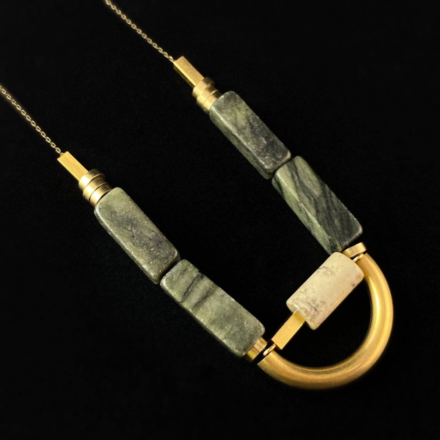 Gold and Gray Geometric Art Deco Style Necklace - Agate, Jasper, and Brass - David Aubrey Jewelry