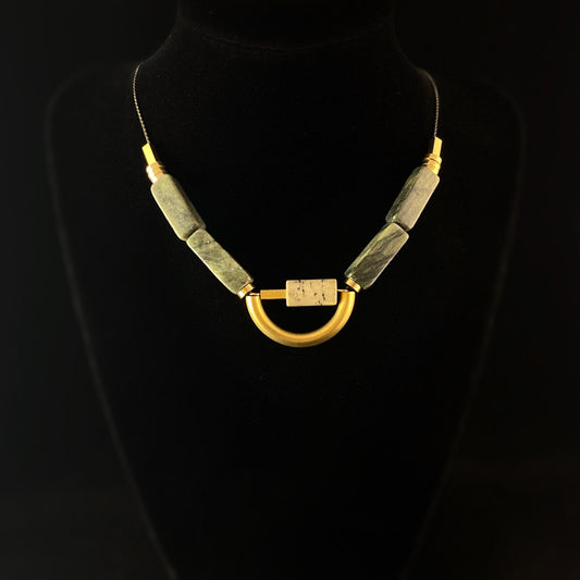 Gold and Gray Geometric Art Deco Style Necklace - Agate, Jasper, and Brass - David Aubrey Jewelry
