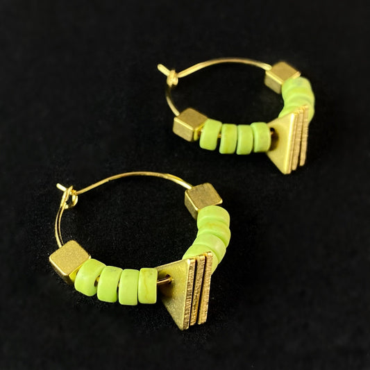 Gold and Green Beaded Hoop Earrings - 18kt Gold Over Brass with Magnesite, David Aubrey Jewelry
