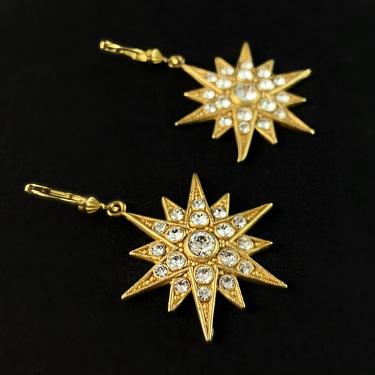 Gold Art Deco Star Earrings with Clear Swarovski Crystals - La Vie Parisienne by Catherine Popesco