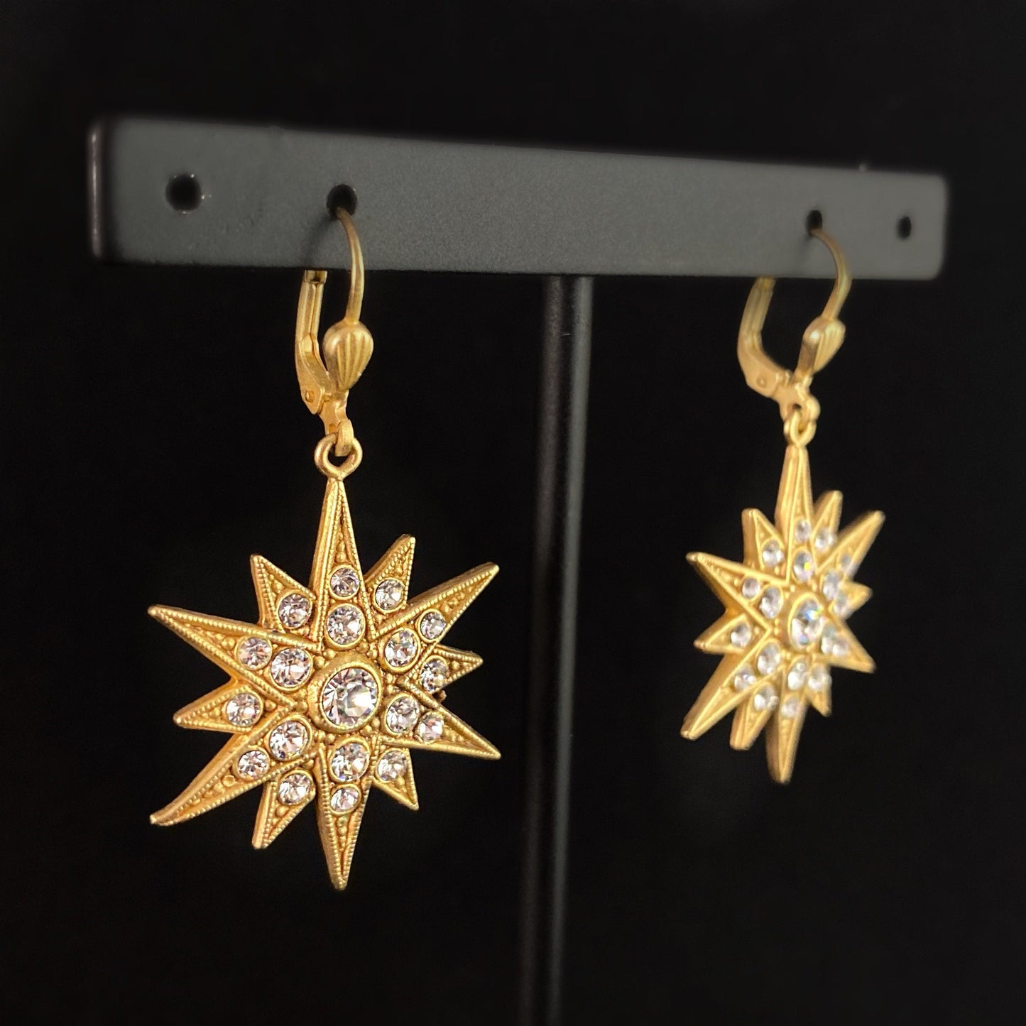 Gold Art Deco Star Earrings with Clear Swarovski Crystals - La Vie Parisienne by Catherine Popesco