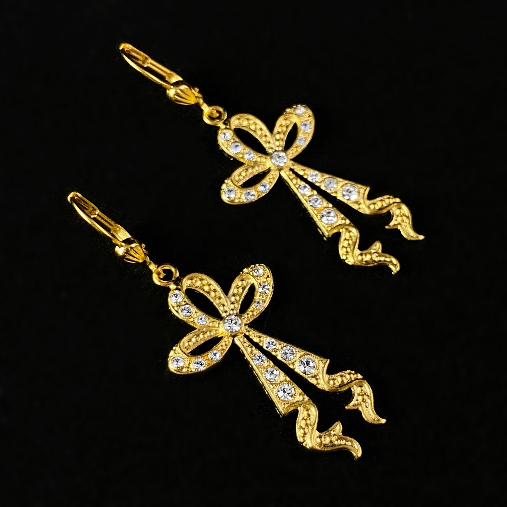 Gold Bows with Clear Swarovski Crystals Drop Earrings - La Vie Parisienne by Catherine Popesco