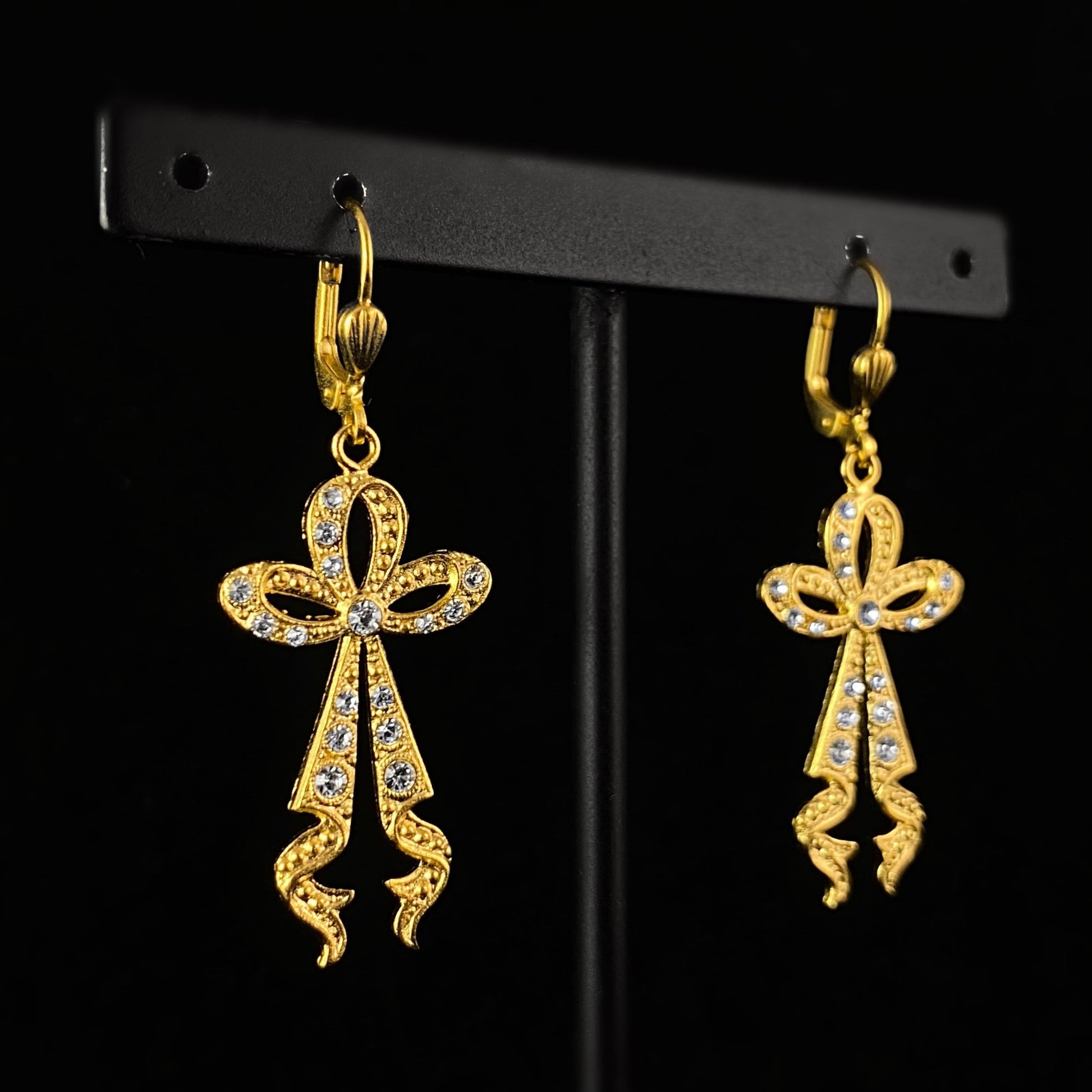 Gold Bows with Clear Swarovski Crystals Drop Earrings - La Vie Parisienne by Catherine Popesco