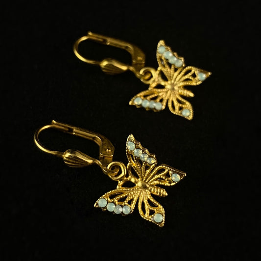 Gold Butterfly Drop Earrings with Pale Green Swarovski Crystals - La Vie Parisienne by Catherine Popesco