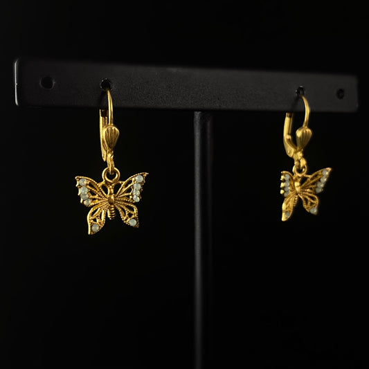 Gold Butterfly Drop Earrings with Pale Green Swarovski Crystals - La Vie Parisienne by Catherine Popesco