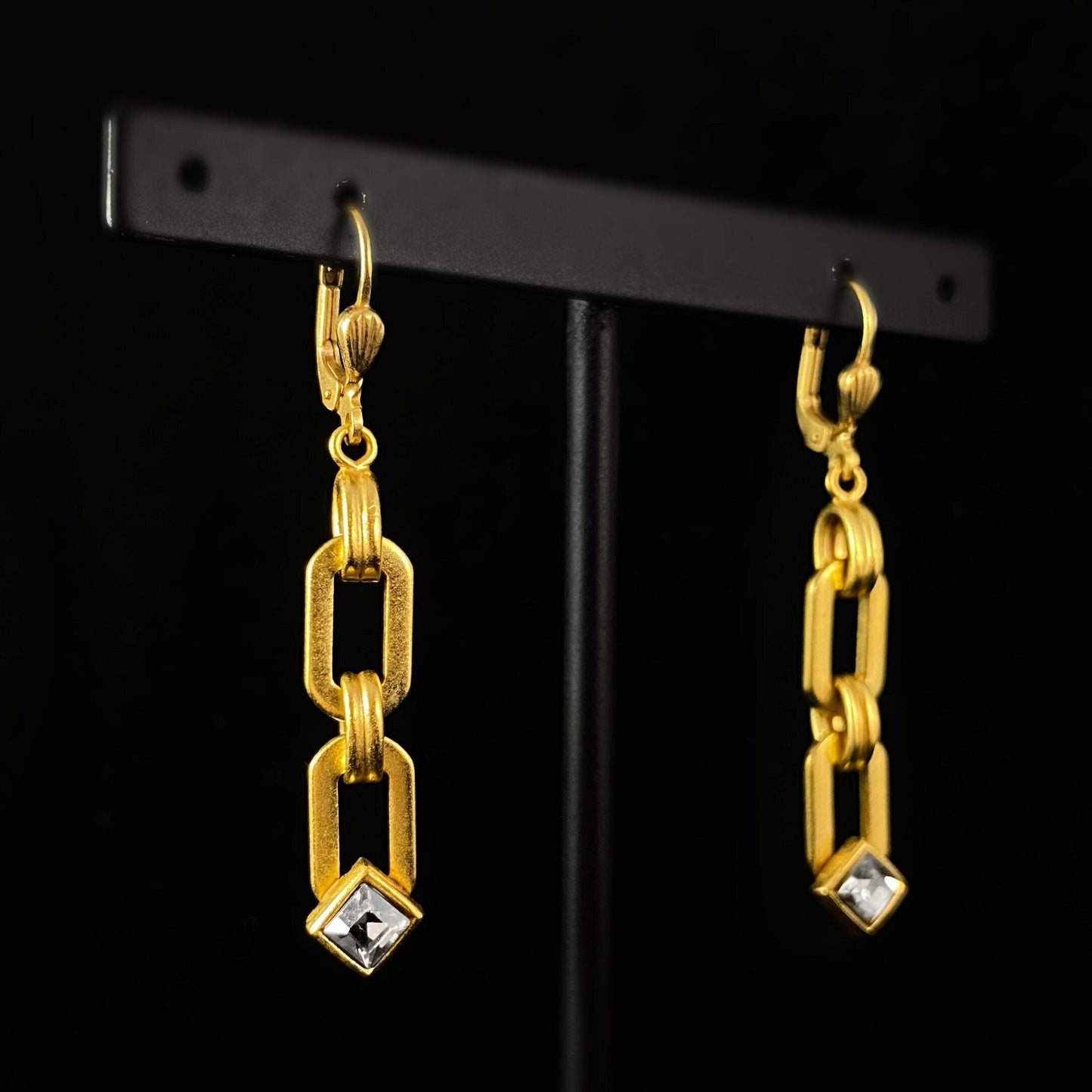 Gold Chain Link and Clear Swarovski Crystal Drop Earrings - La Vie Parisienne by Catherine Popesco