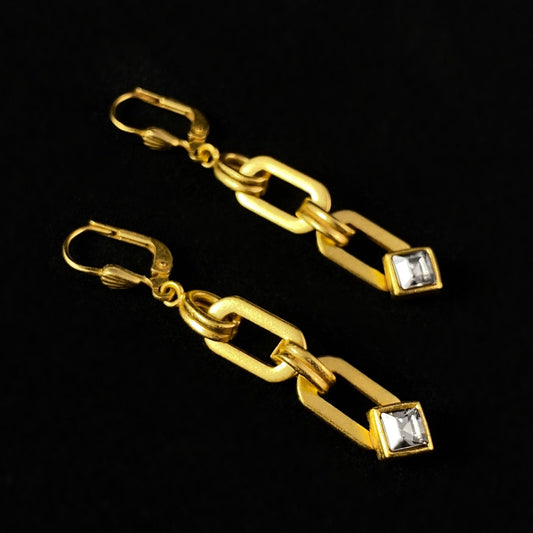 Gold Chain Link and Clear Swarovski Crystal Drop Earrings - La Vie Parisienne by Catherine Popesco