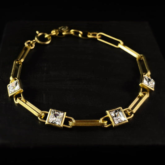 Gold Chain Link Bracelet with Clear Swarovski Crystals - La Vie Parisienne by Catherine Popesco