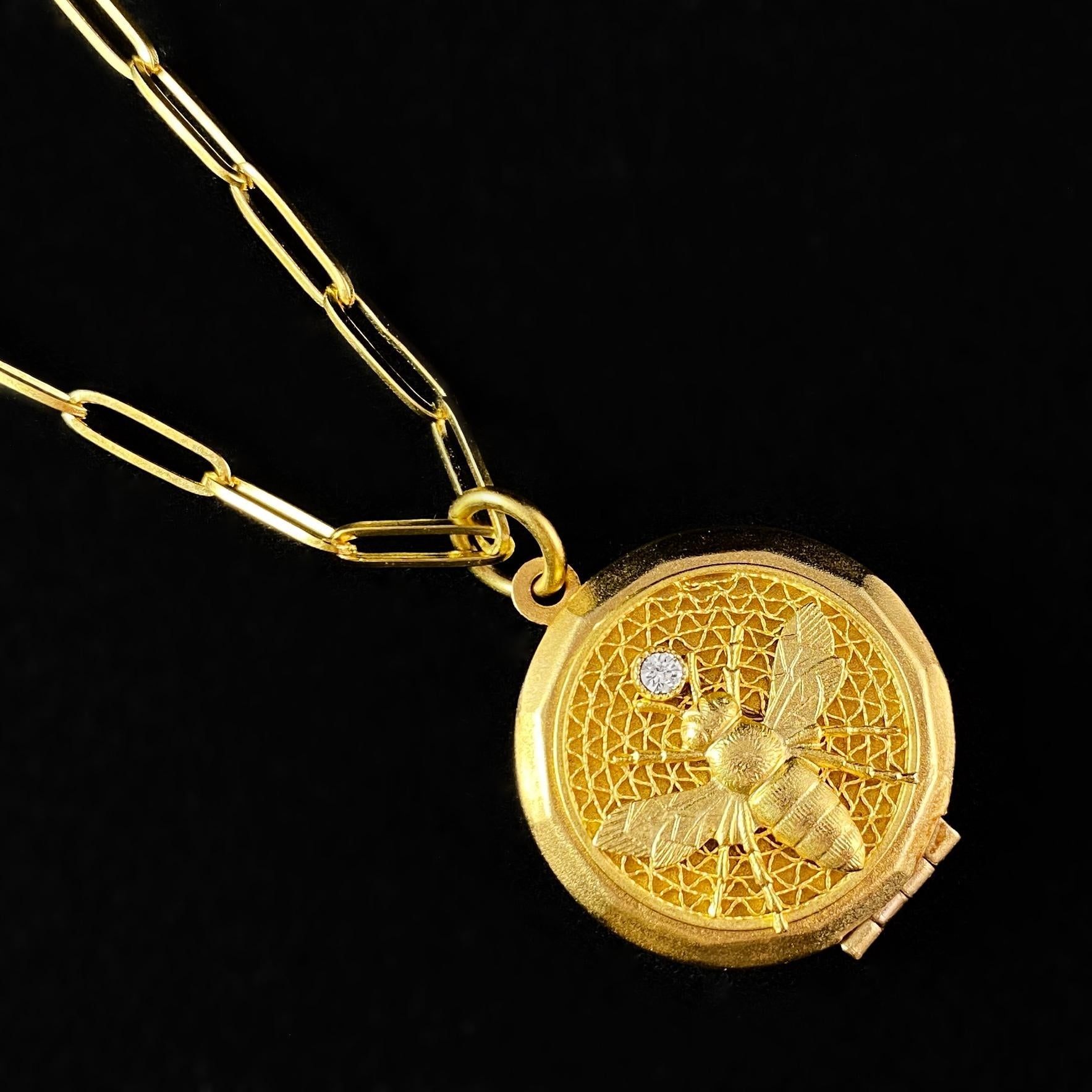 Gold Chain Link Necklace with Bee Locket Pendant - La Vie Parisienne by Catherine Popesco