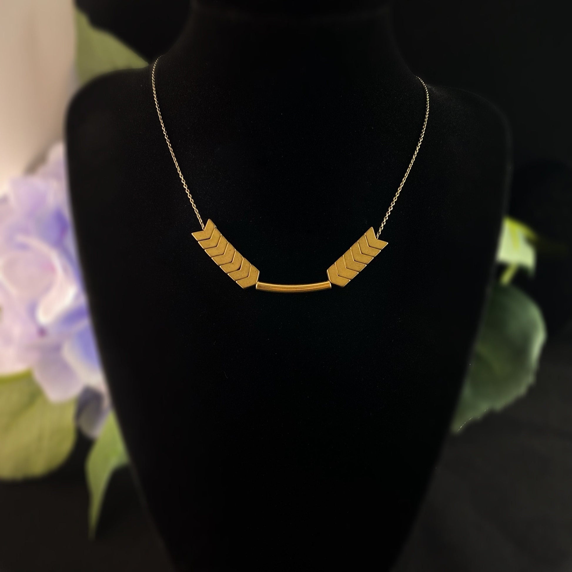 Gold Chevron Art Deco Style Necklace - Hematite and Brass - David Aubrey Jewelry