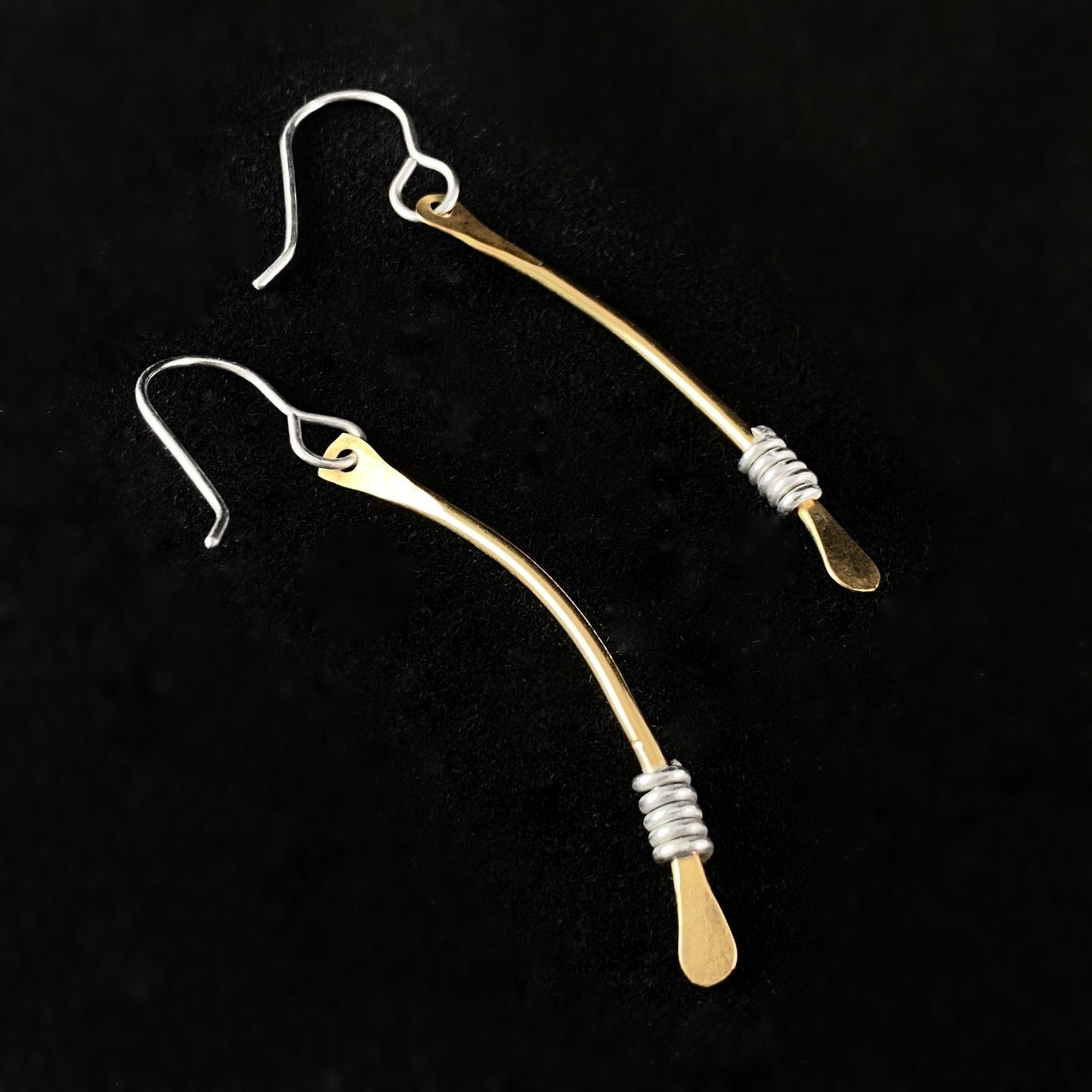 Gold Curved Bar Earrings with Silver Coils, Handmade - Recycled Materials