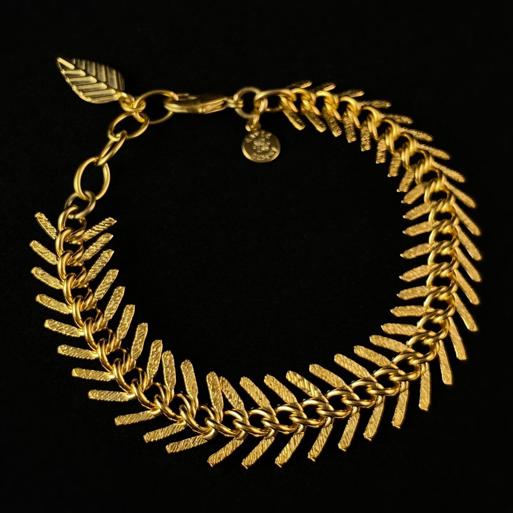 Gold Fishbone Chain Geometric Art Deco Style Bracelet - David Aubrey Jewelry