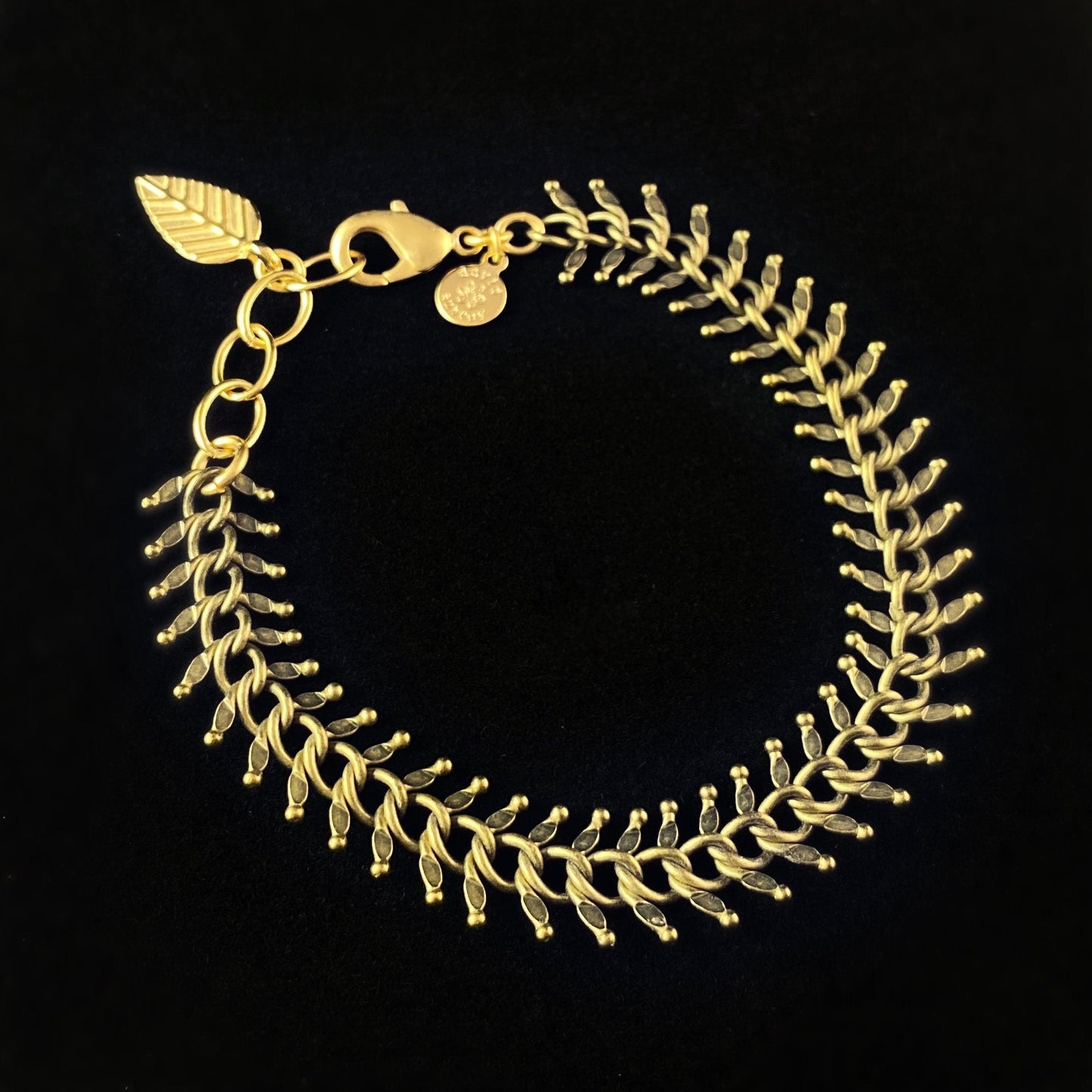 Gold Fishbone Chain Geometric Art Deco Style Bracelet - Oxidized Brass - David Aubrey Jewelry