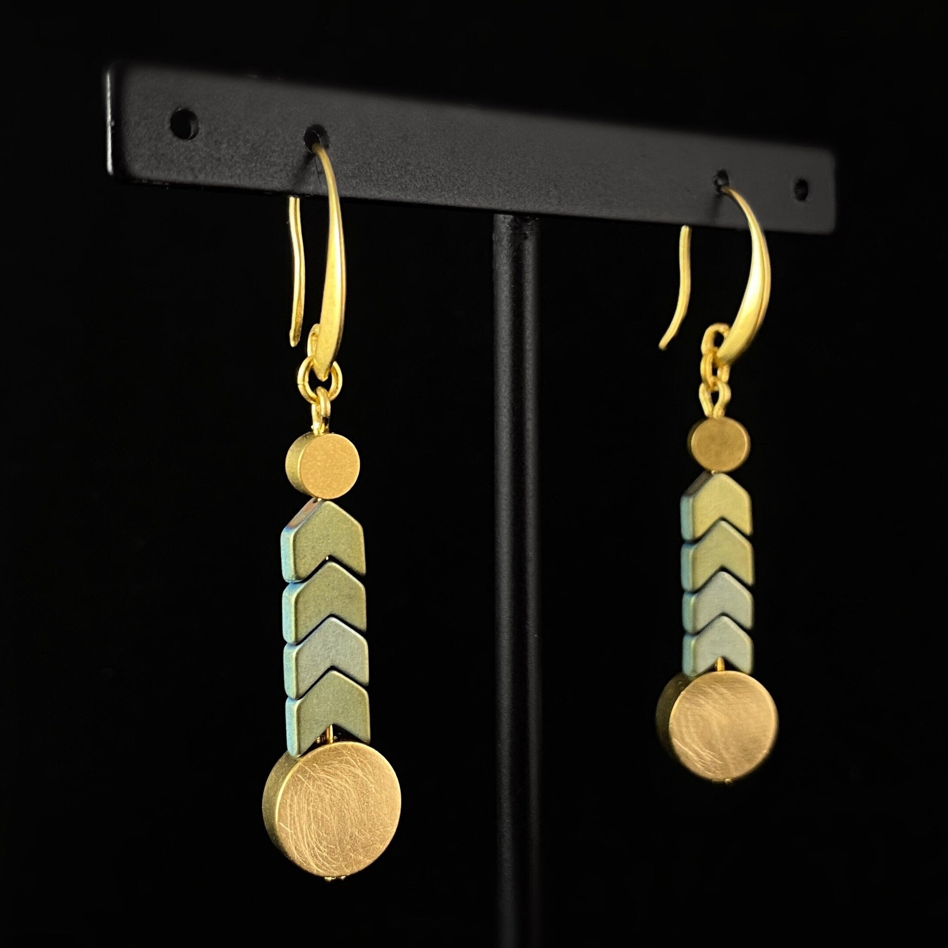 Gold Geometric Art Deco Drop Earrings  - 18kt Gold Over Brass with Green Hematite, David Aubrey Jewelry