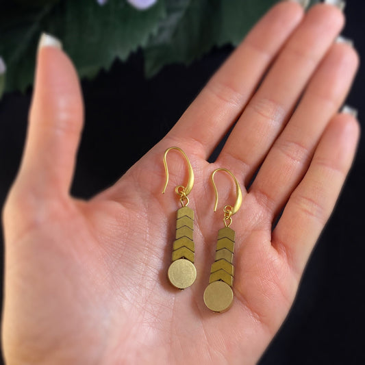 Gold Geometric Art Deco Drop Earrings - 18kt Gold Over Brass with Hematite, David Aubrey Jewelry
