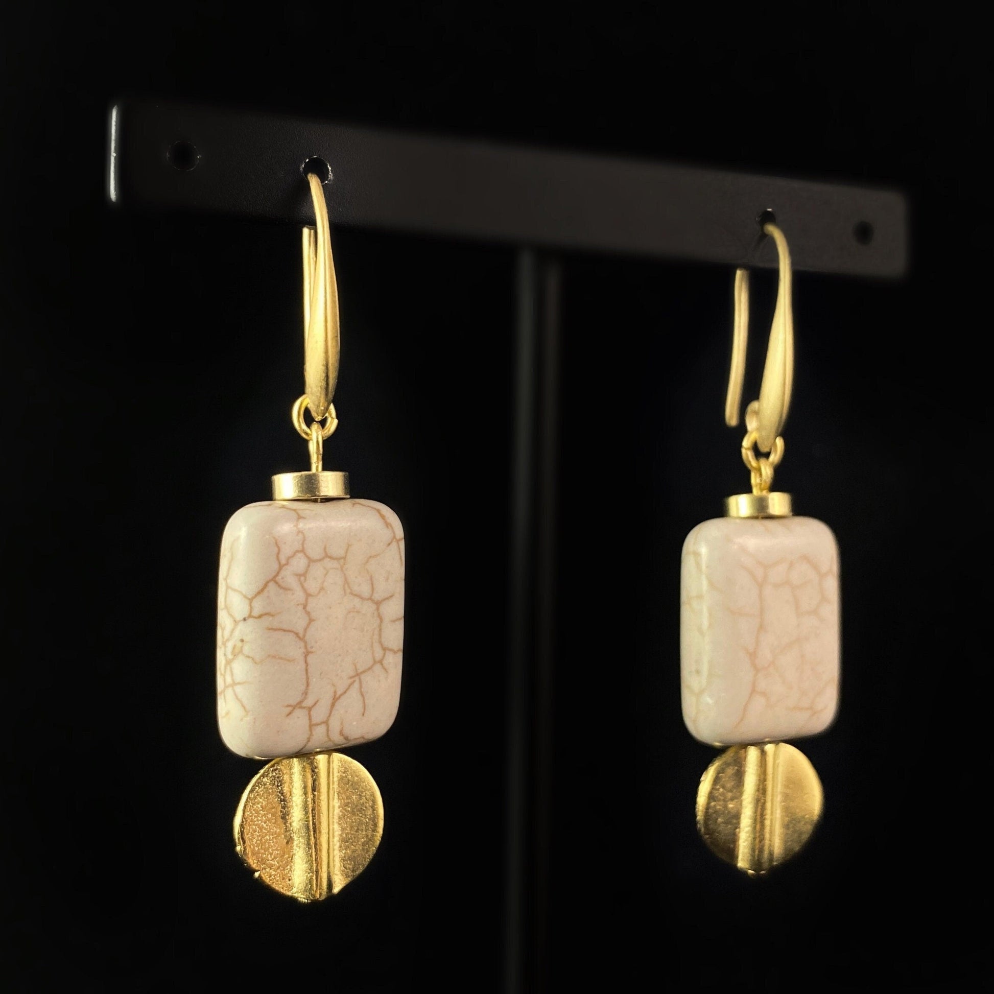 Gold Geometric Art Deco Drop Earrings  - 18kt Gold Over Brass with Magnesite, David Aubrey Jewelry
