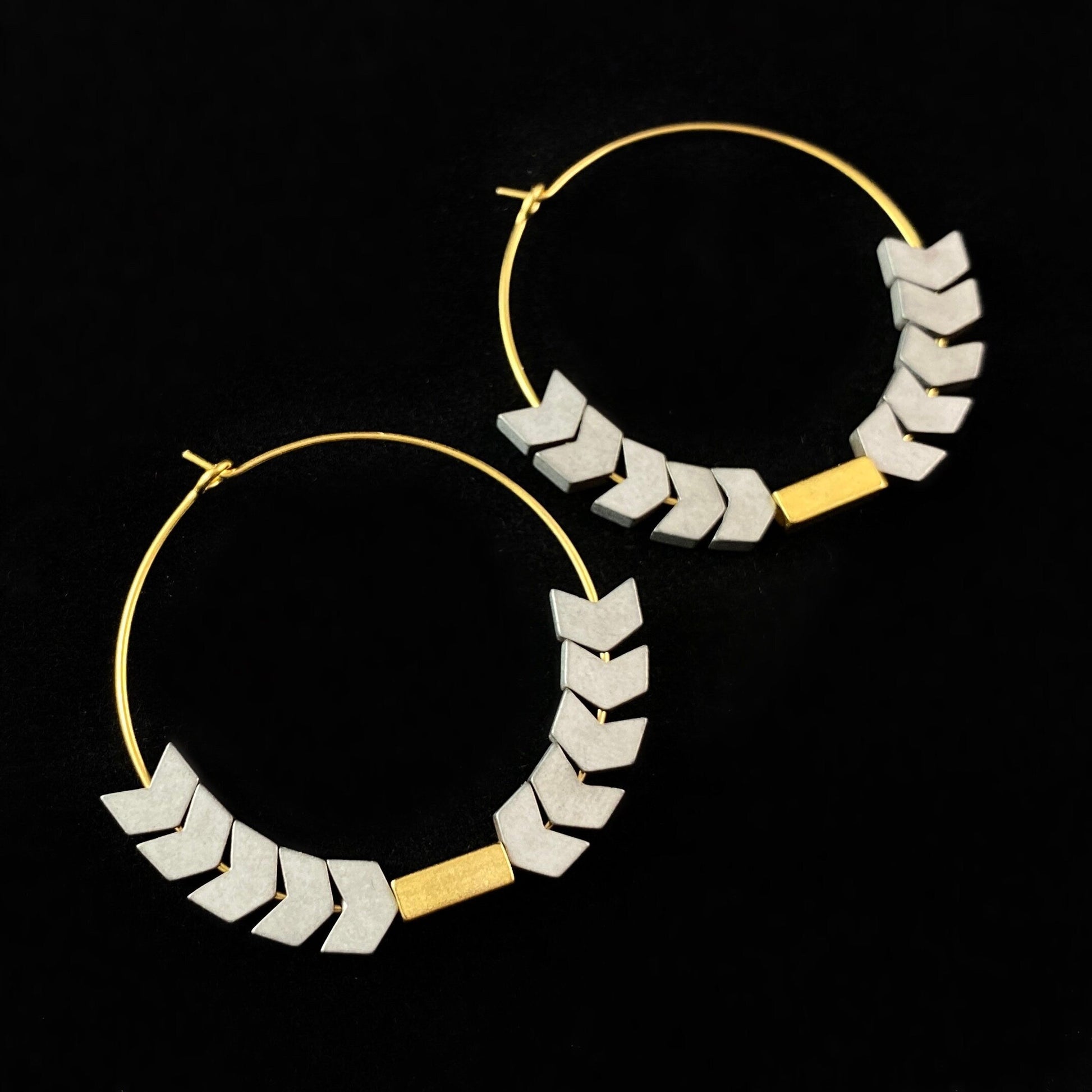 Gold Geometric Art Deco Hoop Earrings  - 18kt Gold Over Brass with Chevron Hematite Beads, David Aubrey Jewelry