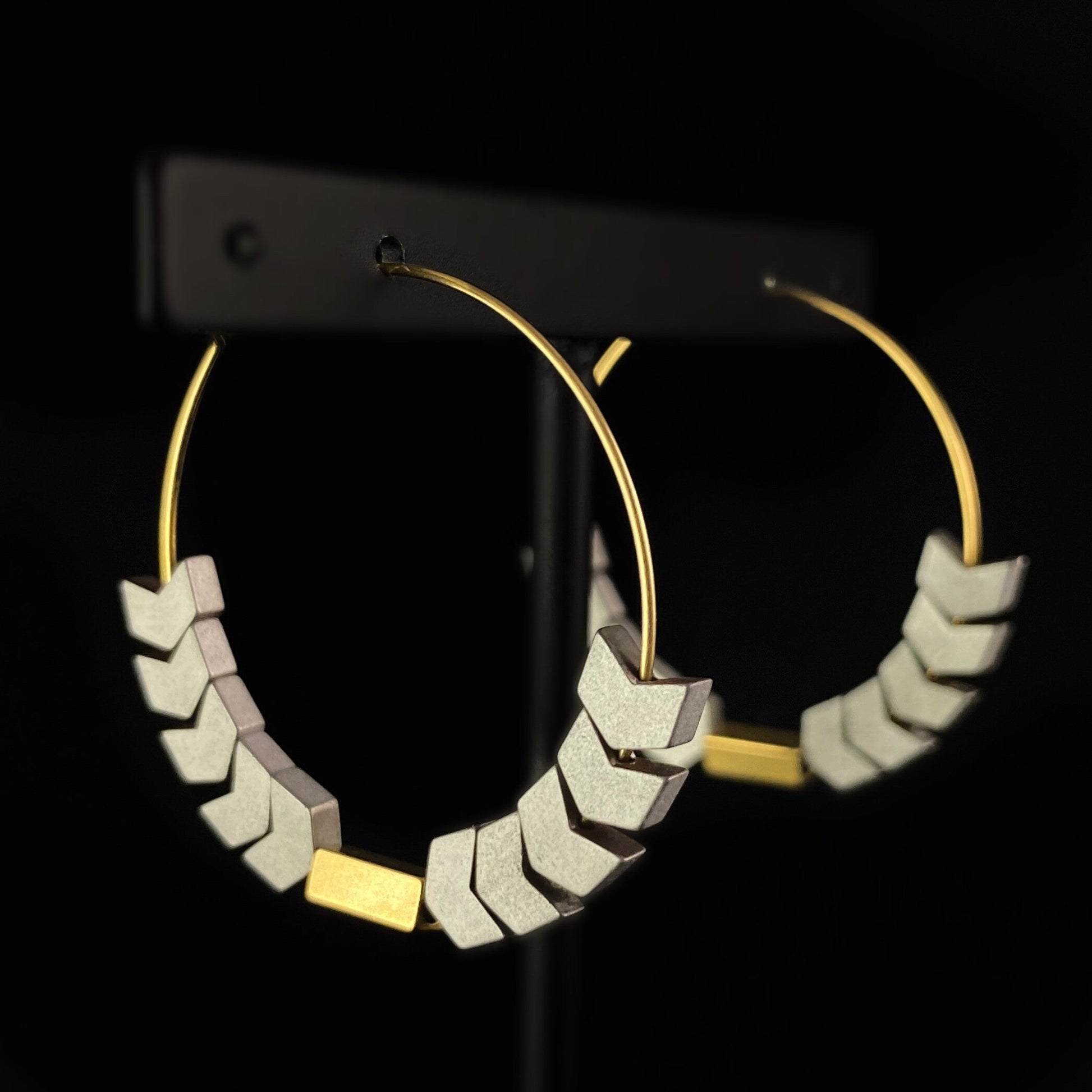 Gold Geometric Art Deco Hoop Earrings  - 18kt Gold Over Brass with Chevron Hematite Beads, David Aubrey Jewelry