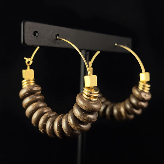 Gold Geometric Art Deco Hoop Earrings  - 18kt Gold Over Brass with Coco Wood Beads, David Aubrey Jewelry